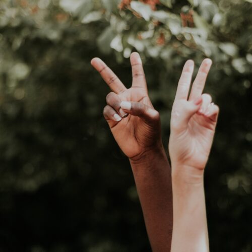 Zwei Hände unterschiedlicher Hautfarbe machen ein "Peace-Zeichen"