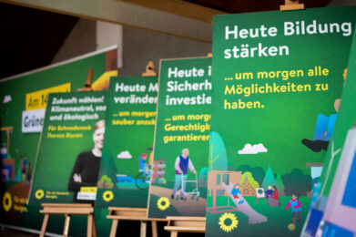 Vier Grüne Plakate zu den Themen Bildung und sozialer Sicherheit sowie ein Kandidatinnenplakat vor dem Großflächenmotiv.