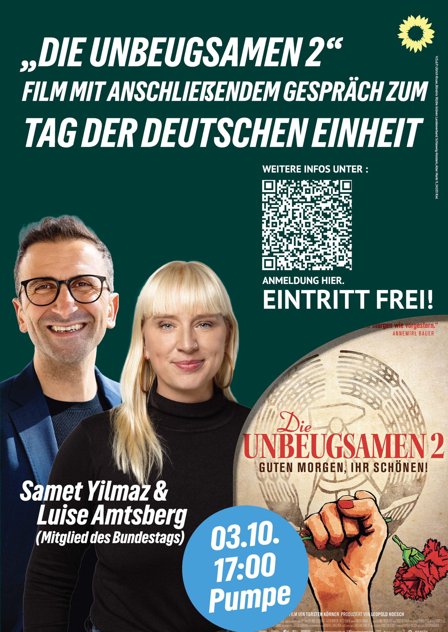 Plakat mit einem Foto von Samet Yilmaz und Luise Amtsberg auf grünem Hintergrund.